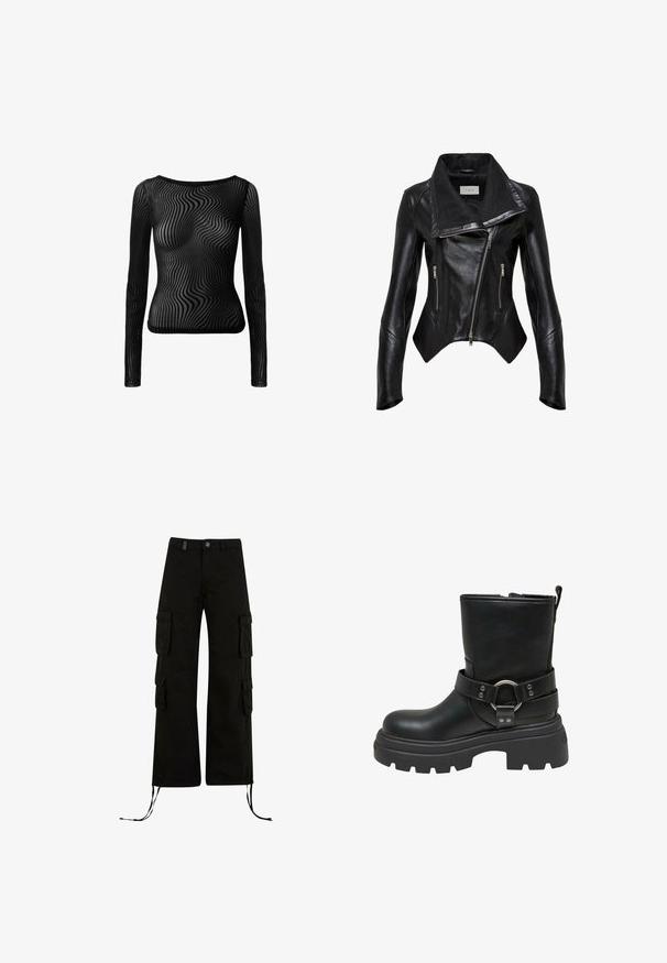 Chaqueta de motociclista de cuero negro con un amplio cuello, cremallera frontal asimétrica y dos bolsillos con cremallera. Textura lisa y diseño ajustado.; Top negro de mangas largas hecho de material transparente con un patrón ondulado. Presenta un escote en forma de bateau y una silueta ajustada.; Pantalones cargo negros con un corte relajado, que presentan bolsillos cargo en los laterales, dobladillos con cordón y un cierre de botón en la cintura.; Botín de cuero negro hasta el tobillo con suela gruesa, que presenta una correa con un acento de anillo plateado. Textura suave, punta redondeada y tirador en la parte posterior.