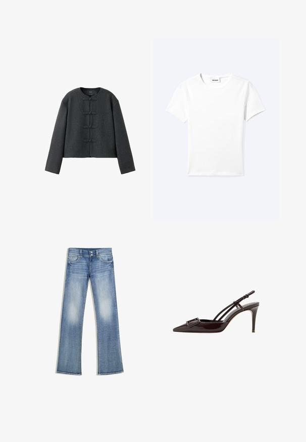 Donkergrijze wollen jas met lange mouwen, ronde hals en vier knopen met stoffen knopen aan de voorkant.; Effen wit T-shirt met korte mouwen en ronde hals met een klein "WEEKDAY" label aan de binnenkant van de hals, plat neergelegd op een lichte achtergrond.; Lichtblauwe bootcut-spijkerbroek met een vervaagde wassing, vijf zakken, riemlussen en dubbele knoopsluiting, plat neergelegd op een witte achtergrond.; Zwarte gepatenteerde leren puntige slingback hak met een decoratieve gesp en dunne enkelsriempjes.