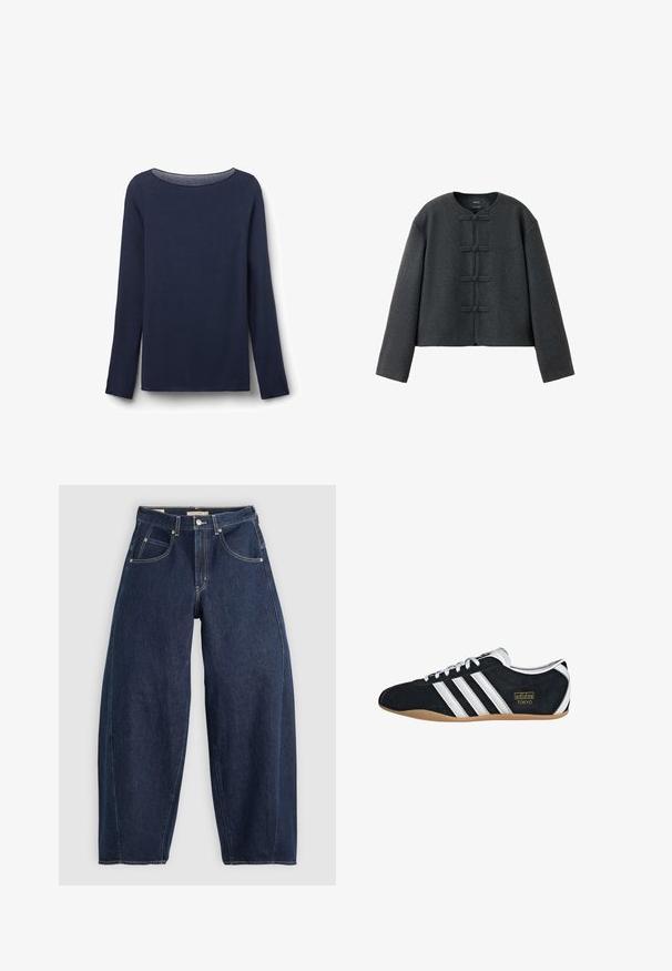 Chaqueta de lana gris oscuro de manga larga con escote redondo y cuatro botones de nudo de tela en la parte delantera.; Camiseta de manga larga de color azul marino hecha de una tela suave, con un cuello redondo y un corte relajado. El dobladillo y los bordes de las mangas están cuidadosamente terminados.; Jeans de mezclilla azul oscuro con un ajuste holgado, costuras claras, cinco bolsillos y un cierre de botón en la cintura.; Zapatillas de ante negro con tres franjas blancas, logotipo dorado y suela de goma marrón. Presentan un diseño de cordones de perfil bajo.
