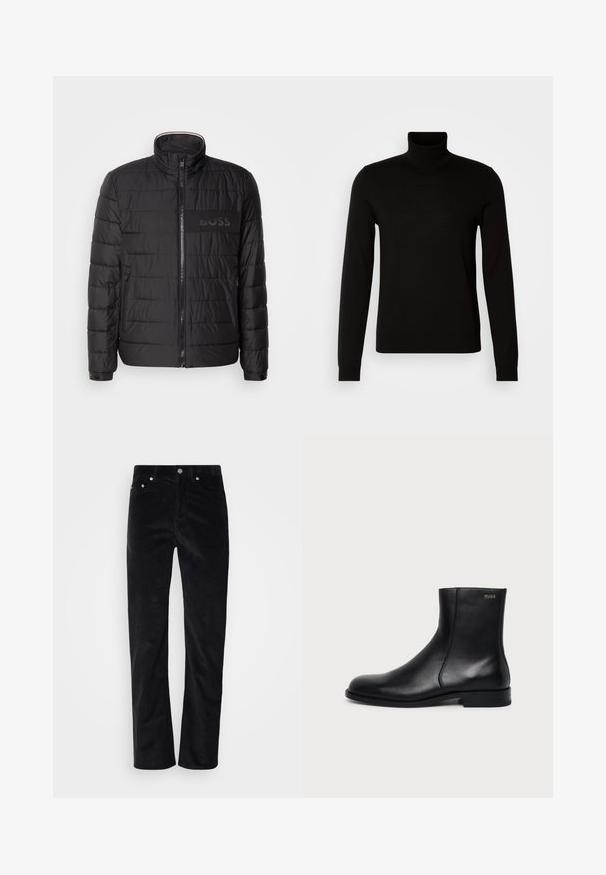 Sort quiltet jakke med høj krave, frontlynlås, lynlåslommer i siden, manchetter med knapper og "BOSS" logo på brystet.; Sort turtleneck sweater lavet af et fint strikket stof, der har lange ærmer og en tætsiddende silhuet. Glat tekstur med ribbede manchetter.; Sorte fløjlsbukser med lige ben. Har en knaplukning og fem lomme-stil. Tekstureret ribbet stof.; Sort læderankelstøvle med lav hæl, sidesyning og lille "HUGO" logo på den øverste manchet mod en ensfarvet baggrund.