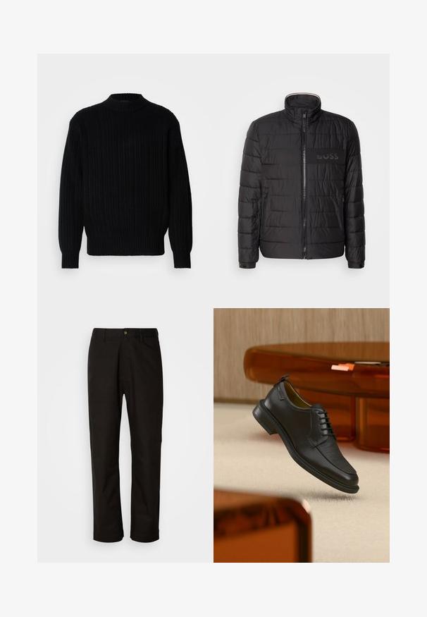 Veste noire matelassée avec col montant, fermeture éclair sur le devant, poches latérales zippées, poignets à boutons et logo "BOSS" sur la poitrine.; Gros pull en maille côtelée noir avec un col haut, des manches longues et une coupe décontractée. Le tissu présente un motif texturé sur l'ensemble de la surface.; Pantalon en coton noir avec une coupe droite, des passants de ceinture, une fermeture éclair à l'avant et un seul bouton. Texture lisse sans motifs visibles.; Chaussure habillée noire en cuir à lacets avec devant texturé, flottant au-dessus d'un tapis beige dans une pièce moderne avec des meubles teintés d'ambre.