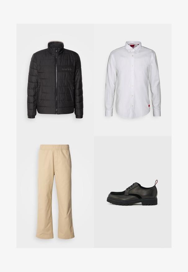 Veste noire matelassée avec col montant, fermeture éclair sur le devant, poches latérales zippées, poignets à boutons et logo "BOSS" sur la poitrine.; Chemise blanche à manches longues avec un col boutonné, fabriquée en tissu léger. Présente une étiquette de marque discrète en rouge sur le bas.; Pantalons larges beiges avec une taille élastique, fabriqués en tissu coton doux, comportant des poches latérales et une silhouette droite.; Chaussure noire en cuir à lacets avec semelle épaisse crantée et languette rouge à l'arrière, vue de profil sur un fond gris clair.