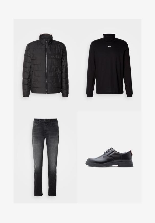 Sort quiltet jakke med høj krave, frontlynlås, lynlåslommer i siden, manchetter med knapper og "BOSS" logo på brystet.; Sort langærmet turtleneck skjorte lavet af glat stof, med et hvidt "HUGO" logo på brystet, samt tætsiddende manchetter og kant.; Sorte denimjeans med lige pasform. Har en knap- og lynlås-lukning, fem lommer og en subtil falmning på stoffet.; Sorte snørestøvler i læder med glat tekstur, rundet tå og diskrete syningsdetaljer. Har en rød trækflig på hælen.