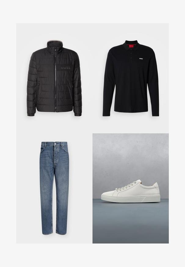 Zwarte doorgestikte jas met hoge kraag, ritssluiting aan de voorkant, ritssluitingen aan de zijzakken, knoopmanchetten en "BOSS"-logo op de borst.; Zwarte lange mouwen polo shirt van katoen, met een rode kraag en een drieknoopsluiting, voorzien van een wit "HUGO" logo op de borst.; Blauwe denim jeans met rechte pijpen, hoge taille, knoopsluiting aan de voorkant en vijfzakkenontwerp op een effen lichte achtergrond.; Witte leren sneaker met een ronde neus, minimalistisch ontwerp, grijze veters en een gestructureerde grijze rubberen zool. Fijne stikdetails zichtbaar.