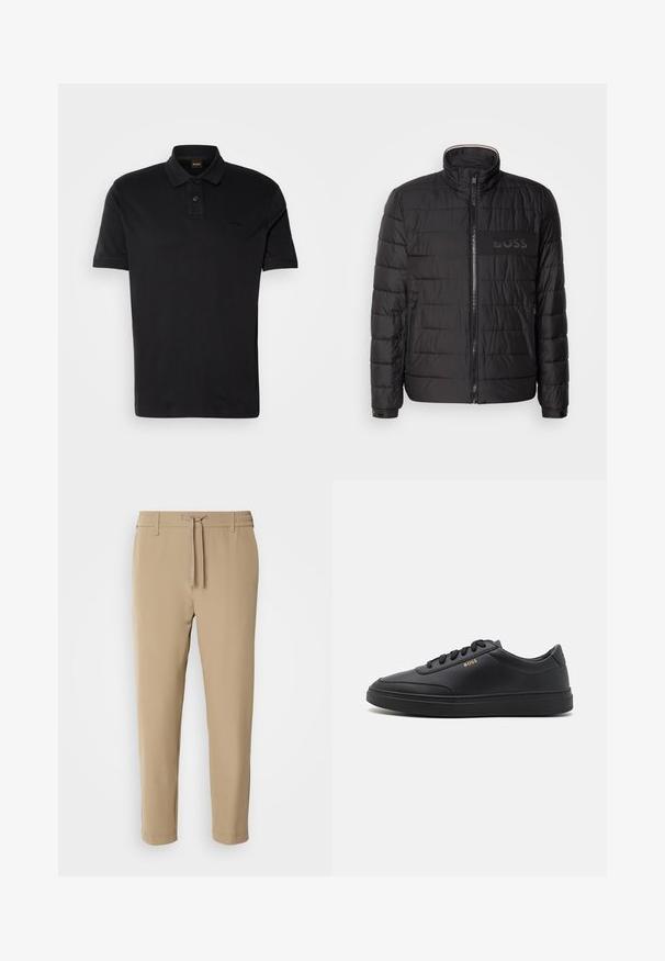 Schwarze gesteppte Jacke mit hohem Kragen, Frontreißverschluss, seitlichen Reißverschlusstaschen, knopfbaren Manschetten und „BOSS“-Logo auf der Brust.; Schwarzes Polo-Shirt aus Baumwolle, mit klassischem Kragen, zwei Knöpfen und einem gestickten Logo auf der Brust. Kurze Ärmel.; Beige, taillierte Hose mit elastischem Bund und Kordelzug. Glattes Material mit einem schlichten Design ohne sichtbare Muster oder Hardware.; Schwarze Leder-Sneaker mit glatter Textur, runder Zehenpartie, flacher Gummisohle und einfarbigen Schnürsenkeln. Mit goldfarbenem "BOSS" Logo an der Seite.