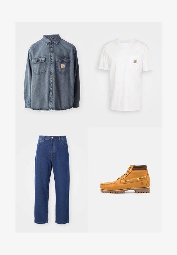 Camisa de denim en gris lavado, con cuello abotonado, dos bolsillos en el pecho y un pequeño parche con el logo en el bolsillo izquierdo.; Camiseta de algodón blanca con mangas cortas, un bolsillo en el pecho y un pequeño parche cuadrado de logo en naranja y blanco en el bolsillo.; Vaqueros de tiro alto de algodón, con una silueta de pierna recta, costuras visibles y un cierre de botón en la parte delantera.; Timberland AUTHENTIC MID LACE BOOT - Botines con cordones - wheat