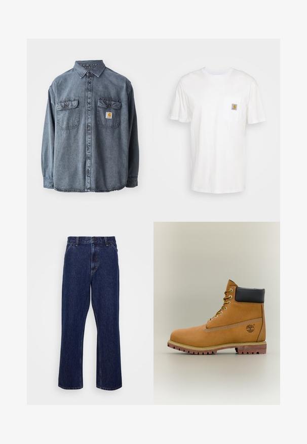 Denim shirt in gewassen grijs, met een button-down kraag, twee borstzakken en een klein logopatch op de linkerzak.; Witte katoenen t-shirt met korte mouwen, een borstzak en een klein vierkant logo-opdruk in oranje en wit op de zak.; Donkerblauwe denim jeans met een recht-uitlopende pasvorm, voorzien van een knoopsluiting, vijf zakken en subtiele stikseldetails.; Bruine leren enkellaars met zwarte kraag, gele veters en een zandkleurige zool. Voorzien van een logo en witte stikseldetails. Robuuste loopzool met grip.