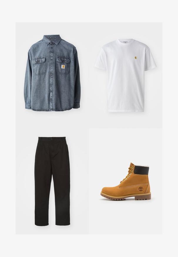 Camisa de denim en gris lavado, con cuello abotonado, dos bolsillos en el pecho y un pequeño parche con el logo en el bolsillo izquierdo.; Camiseta de algodón blanca con mangas cortas, cuello redondo, que presenta un pequeño logo dorado en la parte izquierda del pecho. Textura suave y corte regular.; Pantalones negros de tela suave, con cierre de botón, corte recto y dos pliegues frontales que añaden detalle.; Botín de cuero marrón con ojales de metal, forro de piel sintética blanca, cuello acolchado negro, suela resistente y logotipo en relieve en el costado.