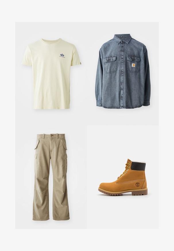 Camisa de denim en gris lavado, con cuello abotonado, dos bolsillos en el pecho y un pequeño parche con el logo en el bolsillo izquierdo.; Camiseta beige de manga corta con cuello redondo y pequeño logo azul de Alpha Industries en la parte superior izquierda del pecho.; Pantalones cargo beige de tela resistente, con un corte relajado, múltiples bolsillos laterales y rodillas reforzadas. Diseño de frente plano.; Botín de cuero marrón con ojales de metal, forro de piel sintética blanca, cuello acolchado negro, suela resistente y logotipo en relieve en el costado.