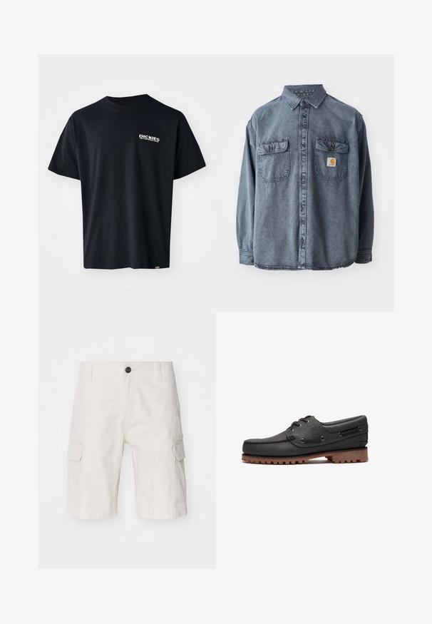 Camisa de denim en gris lavado, con cuello abotonado, dos bolsillos en el pecho y un pequeño parche con el logo en el bolsillo izquierdo.; Camiseta negra de manga corta hecha de algodón, con un logo gráfico de texto blanco en el lado izquierdo del pecho, corte recto y una etiqueta en el lateral.; Pantalones cortos de carga beige hechos de una tela ligera, con dos bolsillos laterales, cierre de botón y un ajuste holgado. Textura suave con un patrón sutil.; Zapato náutico de cuero negro con detalles de cordones, puntera redonda, suela de goma marrón texturizada y lados de cuero cosidos.