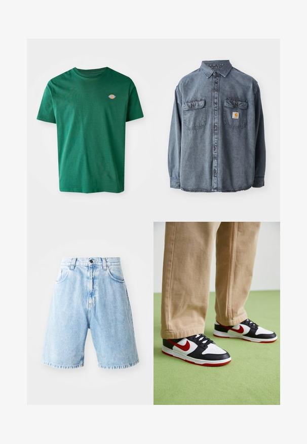 Camisa de denim en gris lavado, con cuello abotonado, dos bolsillos en el pecho y un pequeño parche con el logo en el bolsillo izquierdo.; Camiseta de algodón verde con cuello redondo, mangas cortas y un pequeño logotipo multicolor en el lado izquierdo del pecho. Textura suave, diseño casual.; Shorts de mezclilla azul claro con talle alto, que cuentan con dos bolsillos frontales, un cierre de botón y detalles de dobladillo deshilachado. Diseño de ajuste casual.; Las zapatillas Nike Dunk presentan un diseño de cuero negro con acentos rojos y un swoosh blanco. La suela es roja, con una puntera blanca texturizada.