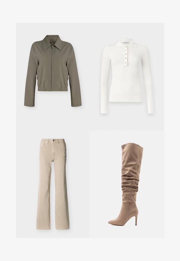 Veste zippée vert olive clair avec manches longues, col large, ourlet élastique et poches latérales, présentée sur un fond blanc uni.; Polo blanc à manches longues côtelé avec cinq boutons et un col rabattu sur un fond uni.; Jean beige taille haute avec bouton et fermeture éclair à l'avant, cinq poches, et une jambe légèrement évasée sur un fond uni.; Botte en simili daim beige allant au-dessus du genou avec un design décontracté, un bout pointu et un talon aiguille de 10 cm. Texture lisse et style minimaliste.