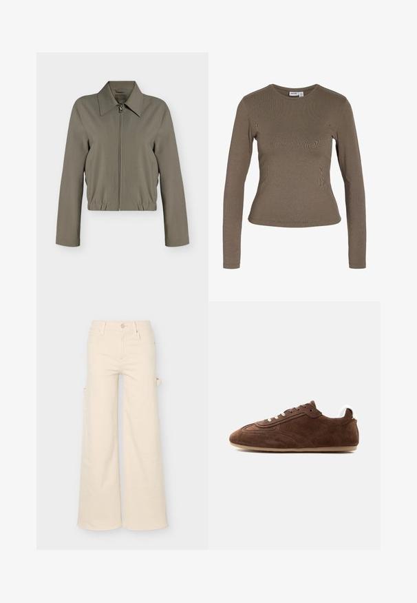 Veste zippée vert olive clair avec manches longues, col large, ourlet élastique et poches latérales, présentée sur un fond blanc uni.; T-shirt à manches longues, ajusté, col rond, couleur marron uni, avec un design simple et sans motifs ou logos visibles.; Pantalon beige à jambes larges avec poches avant et arrière, passants de ceinture, fermeture à boutons et détail boucle latérale sur fond uni.; Sneakers basses en daim marron avec des lacets blancs et une languette blanche au talon sur une semelle beige clair, montrés de profil gauche.