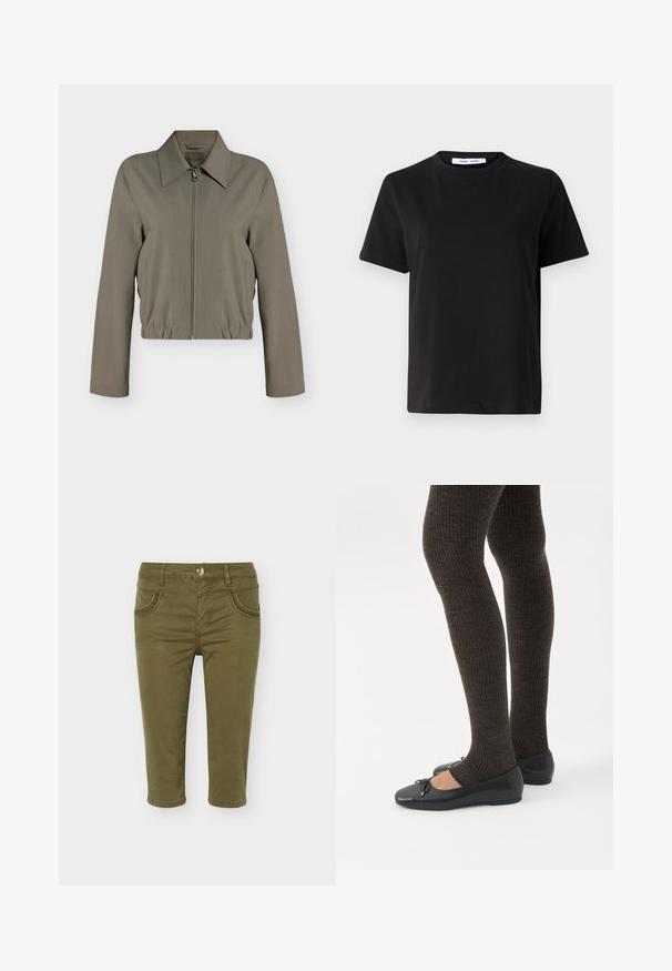 Veste zippée vert olive clair avec manches longues, col large, ourlet élastique et poches latérales, présentée sur un fond blanc uni.; T-shirt noir à manches courtes en coton doux, avec un col rond, une coupe décontractée et une texture lisse. Pas de motifs ni de graphiques visibles.; Pantalon court vert olive avec poches avant, passants pour ceinture, fermeture à boutons et détails cousus sur les poches.; Jambes portant des leggings côtelés foncés associés à des ballerines noires avec de petits détails en nœud sur fond blanc.