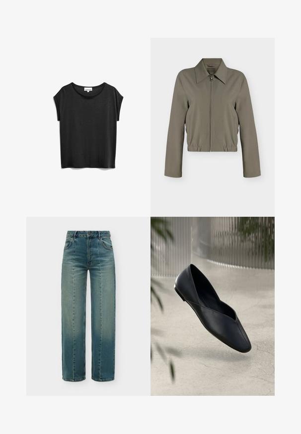 Hell olivgrüne Reißverschlussjacke mit langen Ärmeln, weitem Kragen, elastischem Saum und Seitentaschen, auf einem schlichten weißen Hintergrund dargestellt.; Schwarzes T-Shirt mit kurzen Ärmeln aus weichem Material, mit rundem Ausschnitt und einem lässigen Schnitt mit umgeschlagenen Ärmeln.; Hoch taillierte blaue Denim-Jeans mit weitem Bein, Fronttaschen, Knopfverschluss und vertikalen Nahtdetails auf einfarbigem Hintergrund.; Schwarze Leder-Ballettschuhe mit einer spitzen Spitze und einem V-förmigen Ausschnitt im Obermaterial. Glatte Textur und minimalistisches Design mit einem schlanken Absatz.