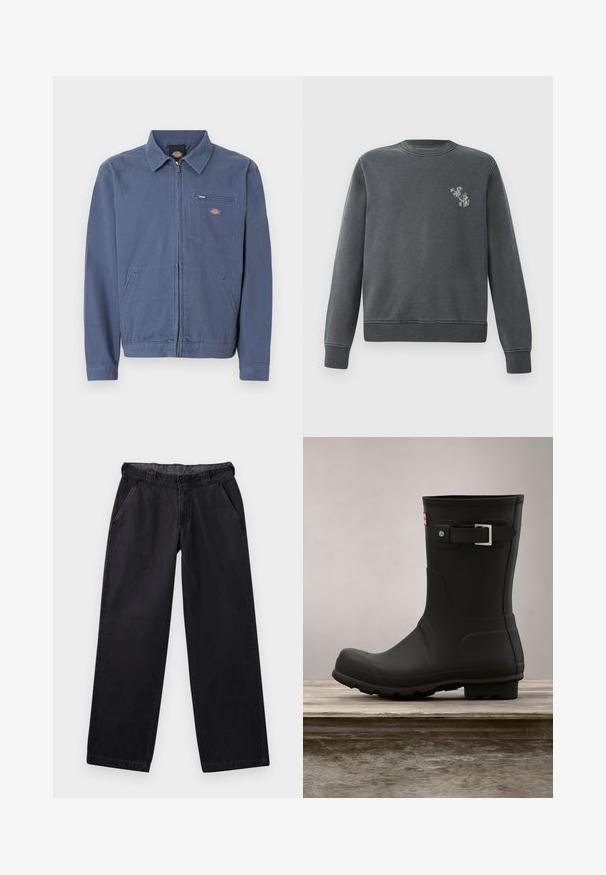 Veste bleu à fermeture éclair avec col, deux poches frontales pour les mains, et une poche poitrine zippée ornée d'un patch logo.; Sweatshirt gris fabriqué en tissu mélangé coton. Il dispose d'un col rond, de poignets en côte et d'un petit design graphique sur la poitrine gauche.; Pantalons larges noirs en tissu robuste, dotés d'une taille plate, de deux poches latérales et d'une texture lisse.; Botte de pluie en caoutchouc noir avec un petit talon, un bout arrondi et un accent en boucle en argent. Présente une semelle texturée pour une meilleure adhérence.