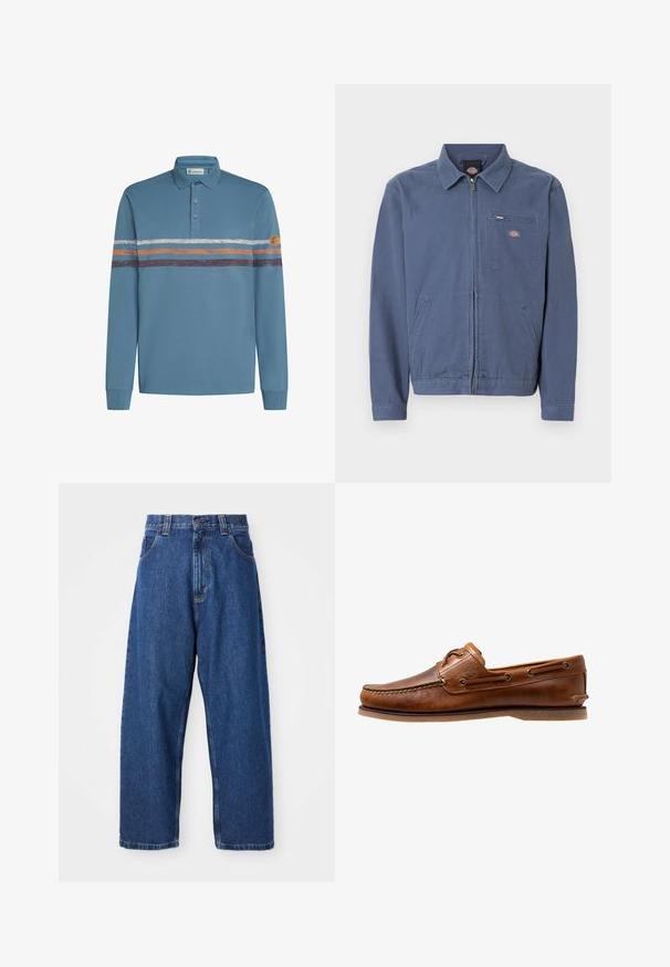 Blauwe jas met rits, kraag, twee steekzakken aan de voorkant en één borstzak met rits voorzien van een logo.; Blauwe lange mouwen polo met drie knopen, witte, oranje en bruine horizontale strepen over de borst, en een ronde leren patch op de linkermouw.; Denim wijde broek in donkerblauw. Kenmerken zijn een hoge taille, riemlussen en een klassiek vijf-pocket ontwerp. Gestikte zoom met een schone afwerking.; Brown leren botenschoen met gestikte accenten, voorzien van metalen oogjes, een verhoogde naad op de neus en een platte rubberen zool.