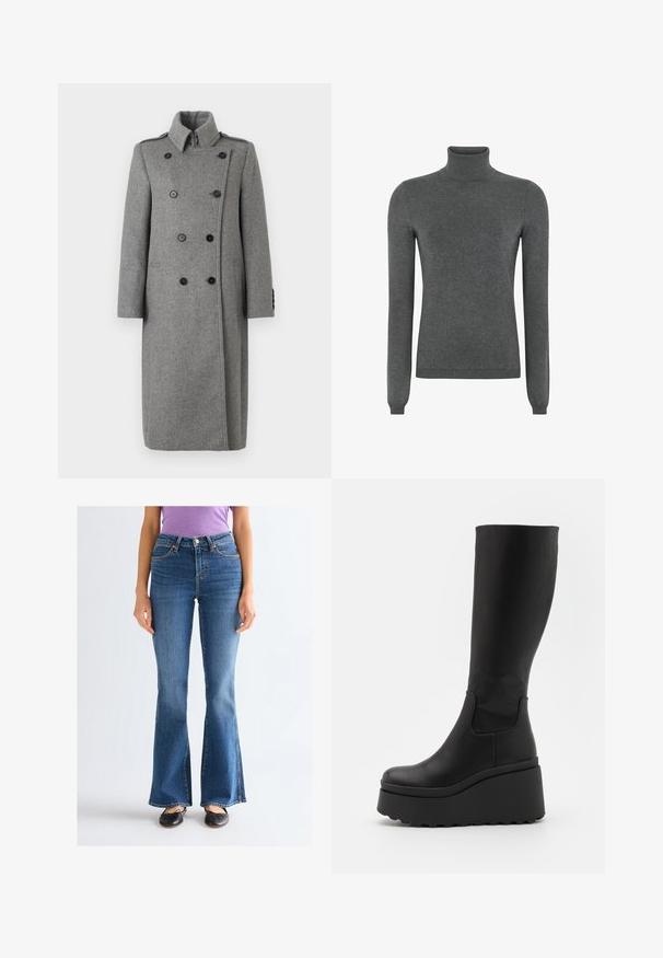Manteau en laine gris long à double boutonnage avec col haut, boutons noirs, bretelles et poches latérales, présenté sur un fond blanc uni.; Pull à col roulé gris en tissu doux, avec des manches longues, une silhouette ajustée et des accents côtelés au col et à l'ourlet.; Femme portant un jean bootcut bleu taille haute, des ballerines noires et un t-shirt violet à manches courtes, debout devant un fond clair uni.; Bottes noires montantes à plateforme en cuir lisse, à bout rond, avec des panneaux latéraux élastiques et une semelle épaisse et texturée.