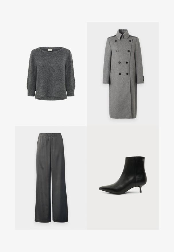 Lange grijze dubbele wolcoat met hoge kraag, zwarte knopen, schouderbanden en zijzakken, weergegeven op een effen witte achtergrond.; Kaffe KABETTY - Trui - grey melange; Zwarte wijde broek met elastische tailleband; gladde, glanzende textuur; lange broeklengte; geen zichtbare patronen of hardware-accenten.; Zwart leren enkellaars met puntige neus en lage kittenhak op lichte achtergrond, zijaanzicht buitenkant.