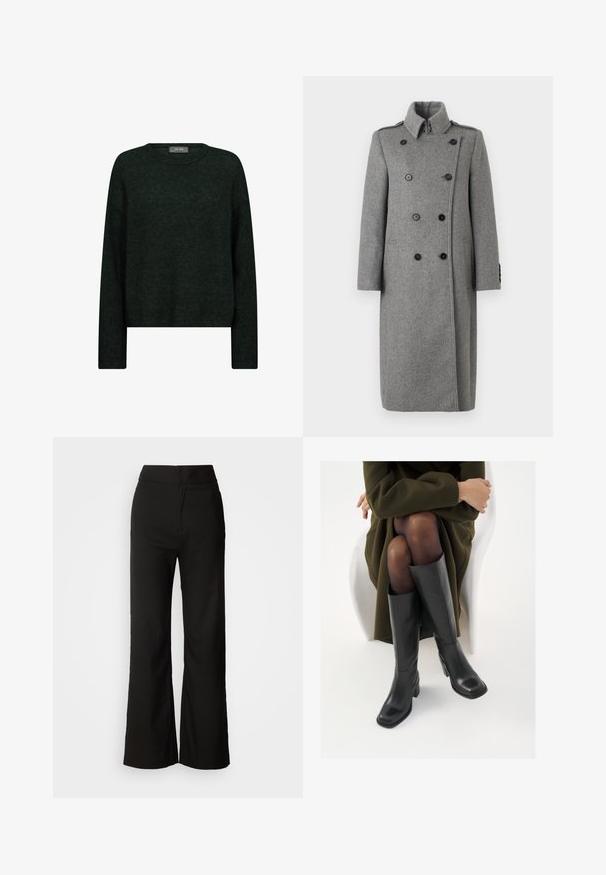 Lange grijze dubbele wolcoat met hoge kraag, zwarte knopen, schouderbanden en zijzakken, weergegeven op een effen witte achtergrond.; Donkergroene trui met een ronde hals, lange mouwen en een relaxte pasvorm. Gemaakt van textiel met een gestructureerde stof, met subtiele tonale patronen.; Zwarte wijde broek met een gladde textuur, hoge taille en een strakke uitstraling. Geen zichtbare zakken of versieringen.; Knieschijf hoge zwarte leren laarzen met een vierkante neus en blokhak, getoond met een model dat zit in een olijfgroene jas. Gladde textuur, minimale details.