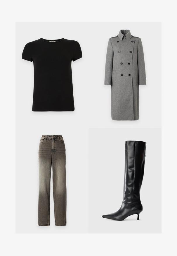 Lange grijze dubbele wolcoat met hoge kraag, zwarte knopen, schouderbanden en zijzakken, weergegeven op een effen witte achtergrond.; Zwart t-shirt met korte mouwen en ronde hals, gemaakt van soepel katoen, met een eenvoudig ontwerp en zonder zichtbare patronen of accenten.; Brede grijze spijkerbroek in een vervaagde denimafwerking. Beschikt over een hoge taille, vijf zakken en een klassieke knoopsluiting. Gelaagd fabric met zichtbare naden.; Zwarte leren kniehoge laars met een spitse neus en slanke gebogen hak. Gladde textuur, aansluitend ontwerp en geen zichtbare hardware of patronen.