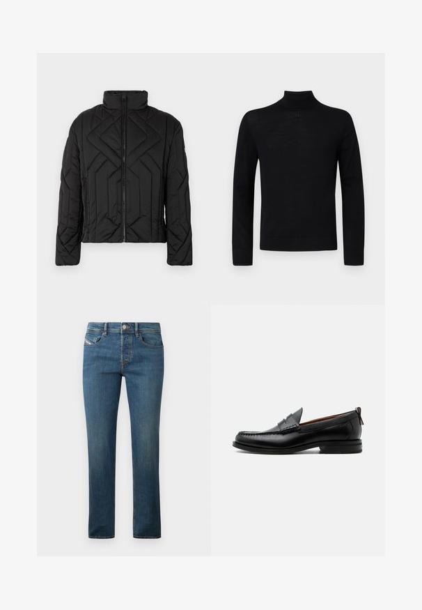 Chaqueta acolchada negra con cuello alto y patrón de acolchado diagonal. Cierre de cremallera en la parte delantera, con bolsillos laterales y hardware minimalista.; Suéter de cuello alto negro hecho de una tela suave, con mangas largas y una silueta ajustada, decorado con un pequeño detalle redondo en el cuello.; Jeans de mezclilla azul oscuro con un diseño de pierna recta, estilo de cinco bolsillos y un ligero desgaste. Presenta un botón de metal y trabillas para el cinturón.; Mocasín de hombre de piel negra con costura moc toe, tira penny, cuello texturizado y tacón bajo apilado sobre fondo blanco.
