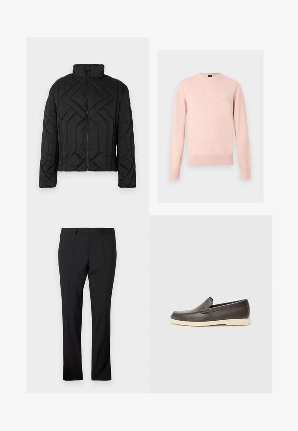Schwarze gepolsterte Jacke mit hohem Kragen und diagonaler Steppung. Reißverschluss vorne, seitliche Taschen und minimalistische Beschläge.; Hellrosa langärmliger Rundhalspullover mit gerippten Bündchen und Saum, mit kleinem, dezentem Logo-Patch auf der linken Brust.; Schwarze maßgeschneiderte Hose mit Gürtelschlaufen, vorderer Bügelfalte und geradem Beinaufschnitt auf einem schlichten weißen Hintergrund.; Braune Leder-Slippers mit strukturierter Oberfläche und einer kontrastierenden, hellbeigen Sohle. Sie verfügen über eine abgerundete Zehenpartie und minimale Nähdetails.