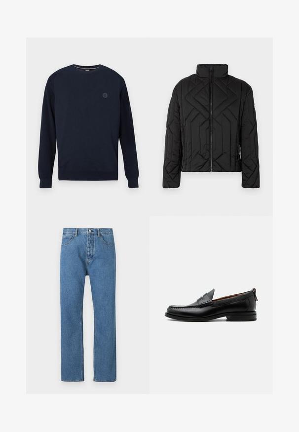 Schwarze gepolsterte Jacke mit hohem Kragen und diagonaler Steppung. Reißverschluss vorne, seitliche Taschen und minimalistische Beschläge.; Marineblaues Rundhals-Pullover aus Strickstoff mit gerippten Ärmelbündchen und Saum. Ein rundes Logo befindet sich auf der Brust.; Hellblaue Jeans aus Denim mit geradem Schnitt, fünf Taschen, Knopfverschluss und dezenten Steppnähten entlang der Nähte.; Schwarzer Leder-Herrenschuh mit Mokassinnaht, Penny-Riemen, strukturiertem Kragen und niedrigem gestapeltem Absatz auf weißem Hintergrund.