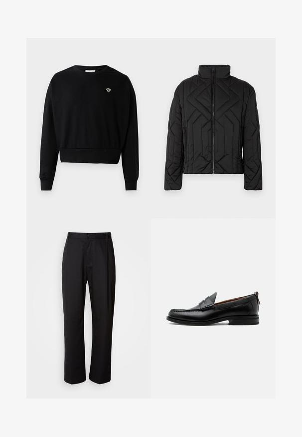 Zwarte gewatteerde jas met een hoge kraag en diagonaal gestikt patroon. Ritsluiting aan de voorkant, met zijzakken en minimale hardware.; Zwarte cropped sweatshirt met een ronde nek, lange mouwen en een klein geborduurd logo op de borst, gemaakt van een zachte katoenmix.; Zwarte broek met een rechte snit, gemaakt van lichtgewicht stof. Heeft een frontale knoopsluiting en twee zijzakken; gladde textuur.; Zwarte leren herensloffen met moc toe stiksel, pennyriem, gestructureerde kraag en lage gestapelde hak op witte achtergrond.