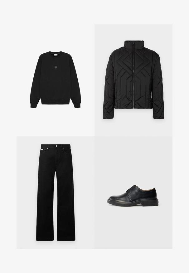Sort polstret jakke med høj krave og diagonal quiltet mønster. Lynlås foran, med sidelommer og minimal hardware.; Sort sweatshirt lavet af bomuld, med rund hals og ribbede manchetter, med teksten "II" broderet i hvidt på forsiden.; Sorte denimbukser med bred ben-design, der har fem lommer og metallisk knapdetalje. Glat tekstur, uden synlige mønstre.; Sorte læder oxford sko med rund tå, snørebånd foran og lav, stablet hæl på lys baggrund.