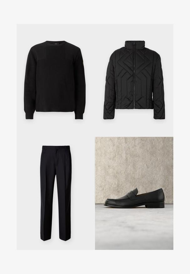 Sort polstret jakke med høj krave og diagonal quiltet mønster. Lynlås foran, med sidelommer og minimal hardware.; Sort strikket sweater med ribbet tekstur, rund hals og lange ærmer. Har en subtil paneldesign og et lille logo på ærmet.; Sorte skræddersyede bukser med lige snit, foldet forstykke og sidelommer. Fremstillet af et glat, let stof med et ensartet mønster.; Sort lædersko i loafer-stil svæver over et beige tæppe med et blankt brunt rundt bord i baggrunden.