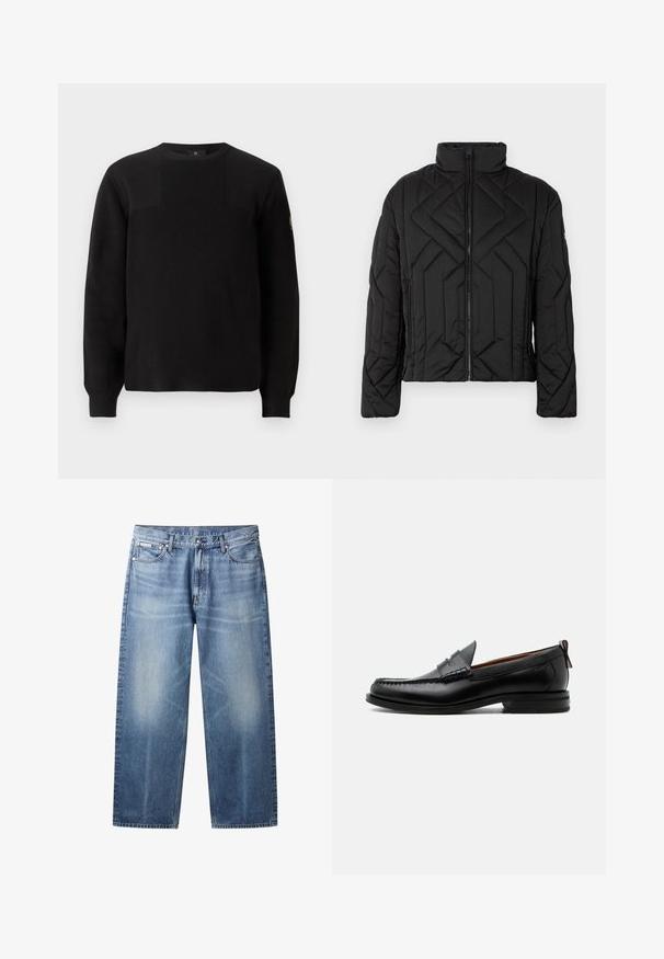 Sort polstret jakke med høj krave og diagonal quiltet mønster. Lynlås foran, med sidelommer og minimal hardware.; Sort strikket sweater med ribbet tekstur, rund hals og lange ærmer. Har en subtil paneldesign og et lille logo på ærmet.; Lyseblå jeans med lige ben, falmede områder, fem lommer, knaplukning og Calvin Klein-mærke på højre forlommer.; Sort læder herre loafer med moc-tå syning, penny strop, struktureret krave og lav stablet hæl på hvid baggrund.