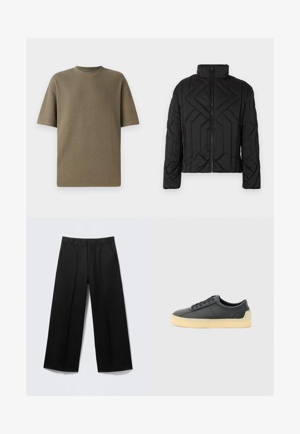 Chaqueta acolchada negra con cuello alto y patrón de acolchado diagonal. Cierre de cremallera en la parte delantera, con bolsillos laterales y hardware minimalista.; Camiseta de manga corta de canalé en color caqui con cuello redondo, que presenta un ajuste holgado y una textura suave, adecuada para un uso casual.; Pantalones negros de pierna ancha con trabillas para cinturón, bolsillos delanteros y cierre de cremallera, exhibidos sobre un fondo gris claro.; Zapatilla baja negra de cuero con puntera redondeada, cordones negros y suela gruesa de goma color blanco roto, mostrada de lado sobre fondo gris claro.