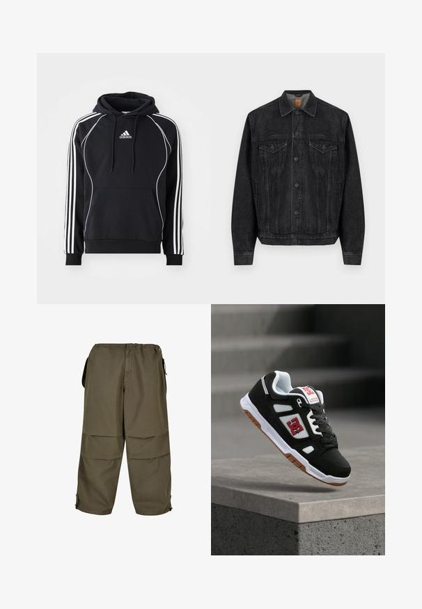 Chaqueta de denim negra con mangas largas, cierre frontal de botón, dos bolsillos en el pecho con solapa y botones, y bolsillos laterales.; Sudadera negra de Adidas con rayas blancas en las mangas, ribete blanco en el frente, bolsillo tipo canguro en el delantero y capucha con cordones.; Pantalones cargo color caqui con cintura elástica, bolsillos laterales y detalles de botones a presión. La tela tiene una textura suave y ligera.; Zapatilla de skate DC en blanco y negro con logo rojo, suela de goma y cordones negros, flotando sobre un borde de hormigón con luz suave.