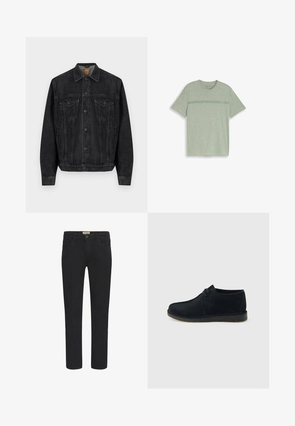 Chaqueta de denim negra con mangas largas, cierre frontal de botón, dos bolsillos en el pecho con solapa y botones, y bolsillos laterales.; Camiseta de manga corta de color gris claro con cuello redondo y tres finas franjas horizontales verdes en el pecho, además de un pequeño logo que dice "DENIM".; Vaqueros de mezclilla negra con corte recto, diseño de cinco bolsillos y cierre frontal de botón. Textura suave con sutiles detalles de costura.; Zapato bajo de ante negro con cordones y suela de crepé, vista lateral sobre un fondo gris claro.