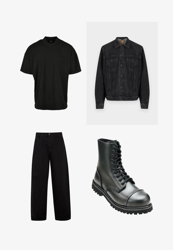 Sort denimjakke med lange ærmer, lukning med knapper foran, to brystlommer med klapper og knapper samt sidelommer.; Sort kortærmet T-shirt med rund halsudskæring, lavet af blødt stof, med en afslappet pasform og uden synlige mønstre eller accenter.; Sorte brede jeans lavet af denim, med forlommer, knaplukning og et rent, minimalistisk design uden synlige mønstre.; Sort læderkampstøvle med høj ankel, rund tå, snørebånd foran og robust gummisål med dybe mønstre for godt greb.