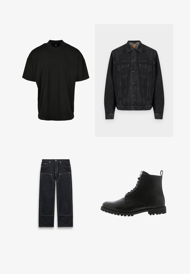 Sort denimjakke med lange ærmer, lukning med knapper foran, to brystlommer med klapper og knapper samt sidelommer.; Sort kortærmet T-shirt med rund halsudskæring, lavet af blødt stof, med en afslappet pasform og uden synlige mønstre eller accenter.; Sorte denimjeans med lige ben, forstærkede knælapper, synlige gule sømme, lommer foran og bagpå samt knaplukning i taljen.; Sort læder ankelstøvle med rund tå, snørebåndsfront, robust sål og en løkke på bagsiden til nem påtagning.