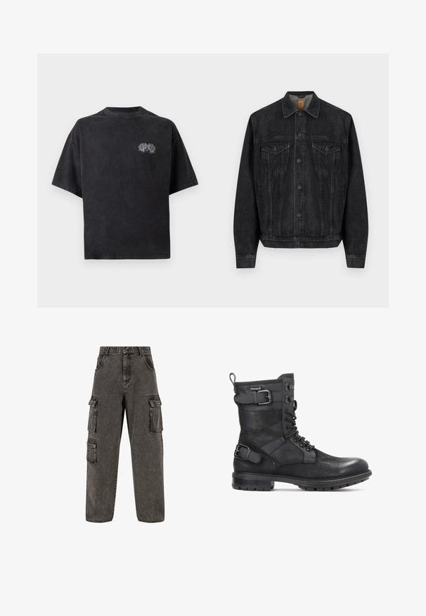 Zwarte spijkerjas met lange mouwen, knoopsluiting aan de voorkant, twee borstflapzakken met knopen en zijzakken.; Zwart oversized t-shirt van katoen met een ronde hals. Heeft een witte geborduurde afbeelding op de linkerkant van de borst. Korte mouwen.; Karl Kani OG BAGGY - Relaxed fit jeans - grey; Kazar HEARD - Cowboy-/Bikerlaarsjes - black
