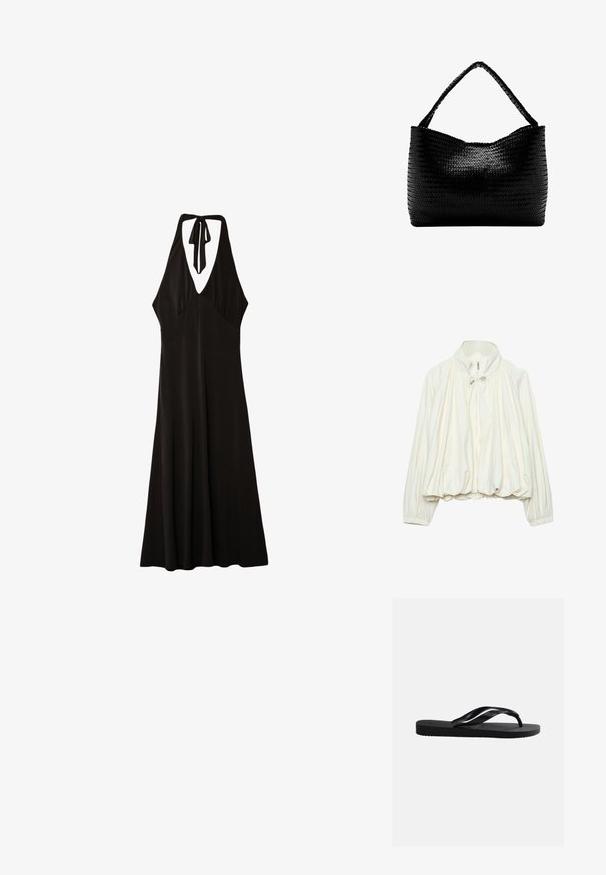Witte lichtgewicht jas met hoge kraag, rits aan de voorkant, trekkoorddetails bij de hals, elastische boorden en een geplooemde zoom.; Stradivarius MIDI WITH KNOT - Jerseyjurk - black; Zwarte rubberen flip-flopsandaal met gestructureerde zool en gladde bandjes, zijaanzicht tegen een effen lichtgrijze achtergrond.; Zwarte geweven handtas met een enkele gevlochten hengsel, rechthoekige vorm en glanzend gestructureerd oppervlak.