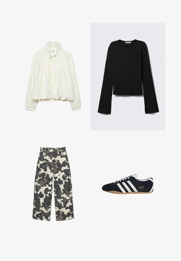 Veste légère blanche avec col montant, fermeture éclair à l'avant, détails à cordon au niveau du cou, poignets élastiques et ourlet froncé.; T-shirt noir à manches longues avec col rond, silhouette ajustée et manches légèrement évasées, étiqueté avec la marque "Weekday" au niveau de l'encolure.; Jean à jambes larges avec motif tacheté noir et blanc de style vache, bouton à l'avant, fermeture éclair et design à cinq poches.; Sneakers en suede noir avec trois bandes blanches, logo doré et semelle en caoutchouc marron. Présente un design à lacets à profil bas.