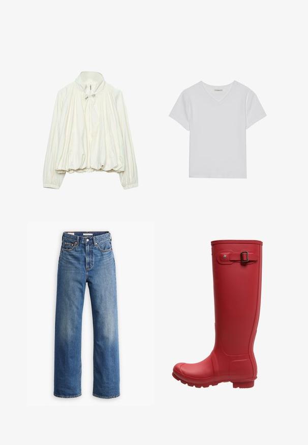 Weiße leichte Jacke mit hohem Kragen, Frontreißverschluss, Kordelzugdetails am Hals, elastischen Bündchen und gerafftem Saum.; Weißes kurzärmliges V-Ausschnitt-T-Shirt aus Rippstoff. Es zeichnet sich durch ein sauberes Design mit geradem Saum und minimalen Details aus.; Hellblaue Jeans aus Denim mit hoher Taille, weitem Bein, klassischem Fünf-Taschen-Design und subtilen Verwaschungen im Stoff.; Rote Gummiregenstiefel mit hohem Schaft, runder Spitze, strukturierten Sohle und einer metallischen Schnalle als Akzent an der Seite. Glatte Oberfläche und flexibles Design.
