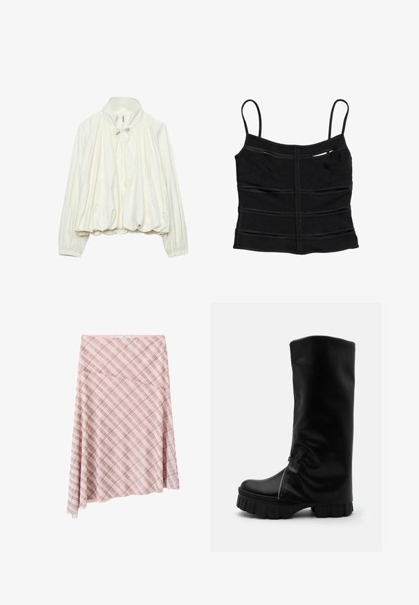 Veste légère blanche avec col montant, fermeture éclair à l'avant, détails à cordon au niveau du cou, poignets élastiques et ourlet froncé.; Crop top noir ajusté avec fines bretelles et détails de coutures horizontales sur le tissu.; Jupe asymétrique rose à carreaux avec motif à carreaux diagonal et petite étiquette de marque à la taille sur fond blanc.; Botte haute en cuir noir avec semelle épaisse et rainurée et fermeture éclair verticale sur le côté avant, sur un fond uni.