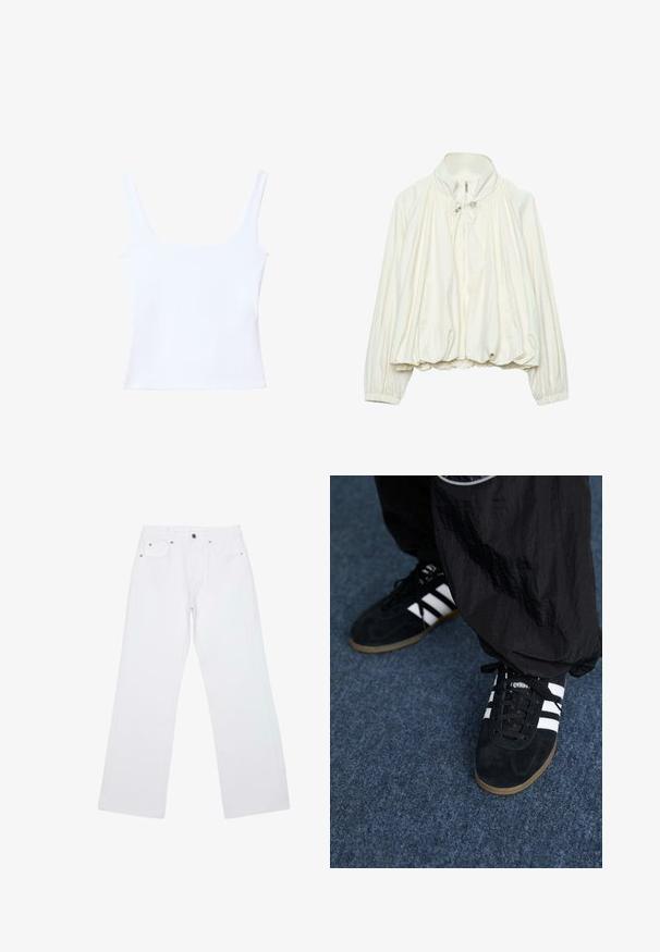 Weiße leichte Jacke mit hohem Kragen, Frontreißverschluss, Kordelzugdetails am Hals, elastischen Bündchen und gerafftem Saum.; Weißes Tanktop mit quadratischem Ausschnitt, breiten Schulterträgern und taillierter Passform. Hergestellt aus glattem, elastischem Stoff für mehr Komfort.; Weiße Straight-Leg-Jeans mit fünf Taschen, Gürtelschlaufen und einem vorderen Verschluss mit Knopf und Reißverschluss, flach auf einem weißen Hintergrund liegend.; Schwarze Wildleder-Sportschuhe mit drei weißen Streifen und schwarzen Schnürsenkeln. Eine strukturierte schwarze Hose ist teilweise neben den Schuhen sichtbar.