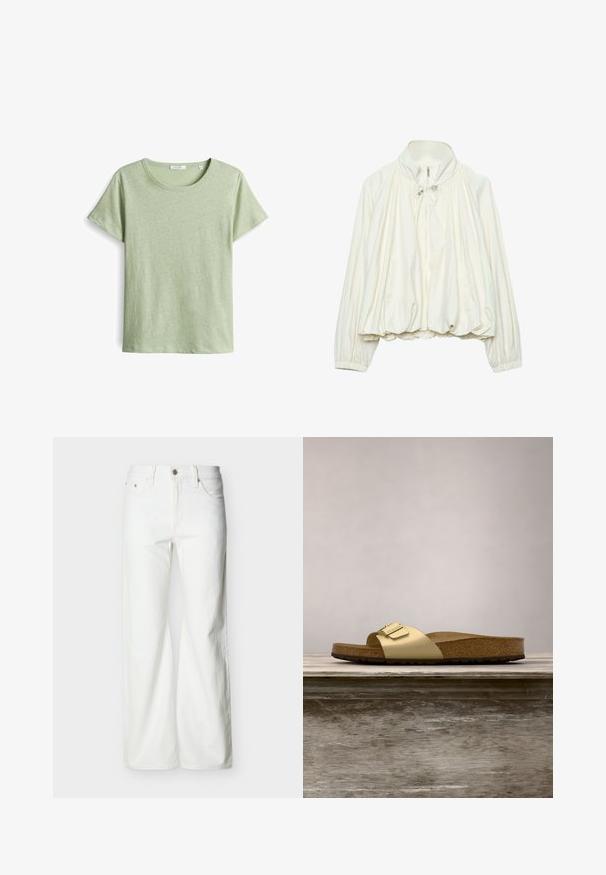 Witte lichtgewicht jas met hoge kraag, rits aan de voorkant, trekkoorddetails bij de hals, elastische boorden en een geplooemde zoom.; Groen T-shirt met korte mouwen van een gestructureerde stof, met een ronde halslijn en rechte snit. Eenvoudig ontwerp zonder extra patronen.; Witte jeans met rechte pijpen en hoge taille, voorzien van een knoopsluiting aan de voorkant, rits, en zij- en achterzakken, tegen een effen lichte achtergrond.; Gouden synthetische slipper met een enkele band en een gespaccent, met een bruine kurken voetbed en een gestructureerde rubberen zool.
