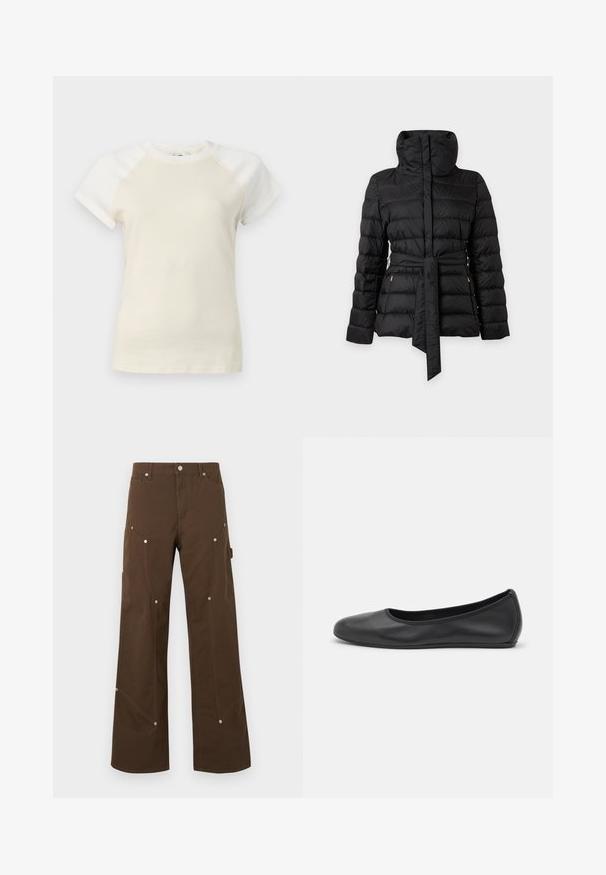 Doudoune matelassée noire avec col montant, manches longues et large ceinture en tissu nouée à la taille, présentée sur fond blanc.; T-shirt crème à manches courtes avec manches raglan écru et col rond sur un fond uni.; Pantalon droit marron avec poches avant et latérales, rivets argentés, passants de ceinture et fermeture par bouton sur fond blanc.; Ballerines en cuir noir avec un bout rond, texture lisse, détails de couture minimalistes et design de semelle flexible.