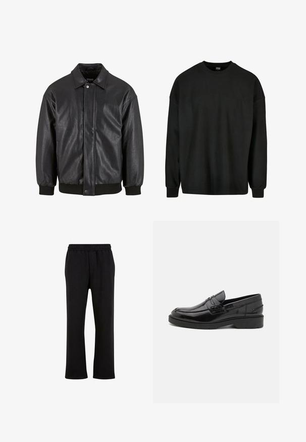 Sort læderjakke med krave, trykknaplukning foran og ribbede manchetter. Glat struktur med et let løst fit design.; Sort langærmet ribbet sweatshirt med rund hals og løs pasform. Har stribet stof og tætsiddende manchetter. Ingen grafiske detaljer.; Urban Classics Træningsbukser - black; Sorte læder loafers med en glat finish, rund tå, lav hæl og dekorativ syning langs forsiden. Gummisål for godt greb.