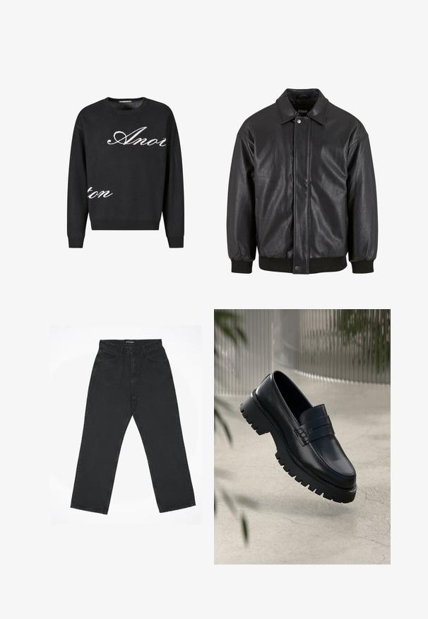 Chaqueta de cuero negra con cuello tipo solapa, cierre de presión en el frente y puños acanalados. Textura suave con un diseño ligeramente holgado.; Suéter negro de punto con cuello redondo, con el texto en cursiva blanca "Anon" en la parte frontal. Puños y dobladillo acanalados.; Vaqueros negros de pierna recta con cinco bolsillos y cremallera, colocados planos sobre un fondo blanco, etiquetados con "2Y STUDIOS" en la cintura.; Mocasines de cuero negro con suela gruesa, que presentan una correa decorativa y detalles de costura. Textura suave con un acabado pulido.