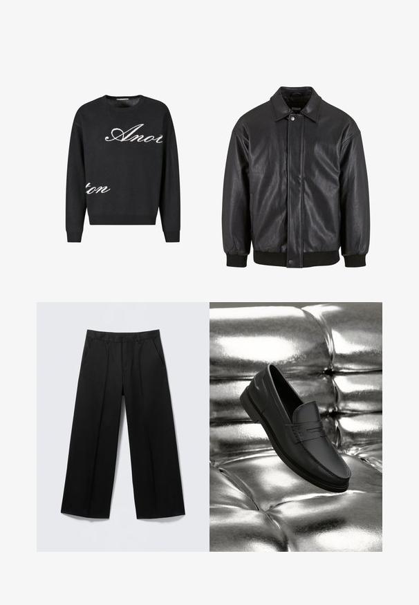 Veste en cuir noir avec col, fermeture à pression sur le devant et poignets côtelés. Texture lisse avec une coupe légèrement décontractée.; Pull en maille noir avec encolure ras du cou, comportant du texte en cursive blanc « Anon » sur le devant. Poignets et ourlet côtelés.; Pantalon large noir avec passants pour ceinture, poches avant et fermeture éclair, présenté sur un fond gris clair.; Mocassins en cuir noir à texture lisse, avec des détails de couture et un design classique, présentés sur un fond métallique et brillant.