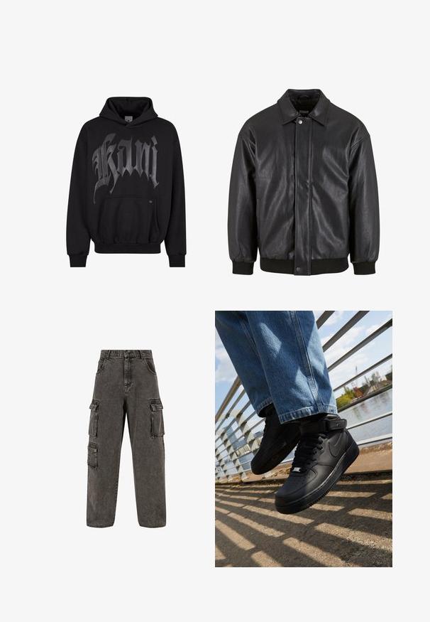 Sort læderjakke med krave, trykknaplukning foran og ribbede manchetter. Glat struktur med et let løst fit design.; Sort hættebluse med frontlomme, prydet med store grå gotiske bogstaver. Fremstillet af blødt stof, med ribkantede manchetter og kant, der sikrer en tætsiddende pasform.; Karl Kani OG BAGGY - Jeans Relaxed Fit - grey; Sorte Nike Air Force 1 sneakers med læderoverdel, mesh-tunge og gummisål, der har et høj-top design og tykke snørebånd.