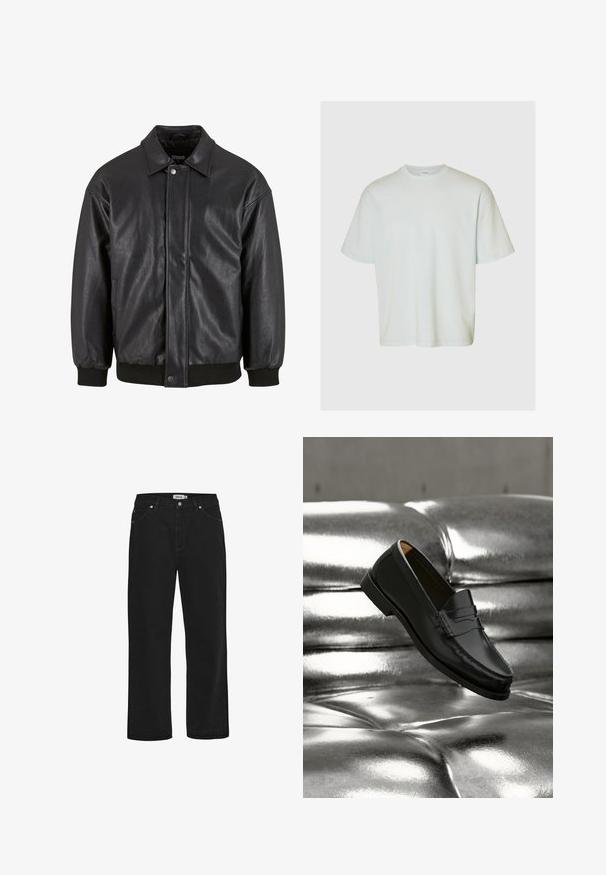 Chaqueta de cuero negra con cuello tipo solapa, cierre de presión en el frente y puños acanalados. Textura suave con un diseño ligeramente holgado.; Selected SLMLOOSEOSCAR - Camiseta básica - ice melt; Vaqueros de mezclilla negra con corte recto, diseño de cinco bolsillos, detalles en hardware de cobre y una cinta de cintura resistente. Textura suave, estilo sin adornos.; Zapato mocasín de cuero negro flotando sobre un sofá plateado brillante con tapizado capitoné de cuero en un ambiente minimalista.